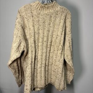 Vtg 90s Tweeds 100% Wool Ribbed Sweater Sz L Speckled Knit Grandpa Beige Chunky